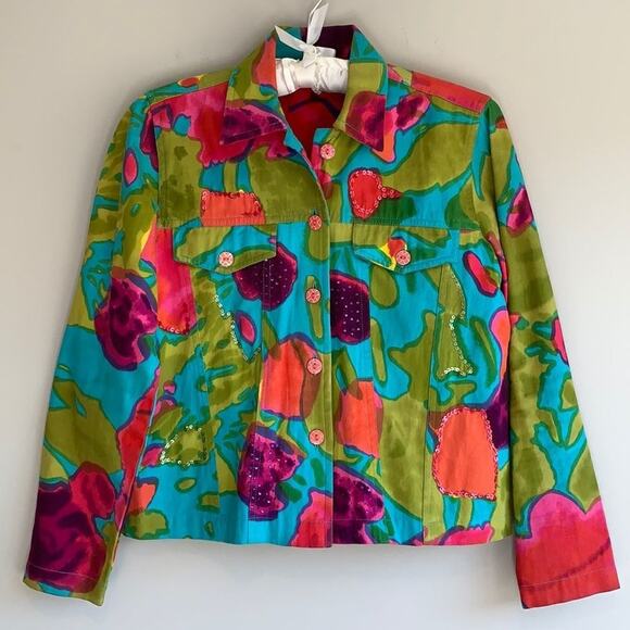 Choices Jackets & Blazers - Choices colorful Jean style jacket watercolor print with sequins size PS